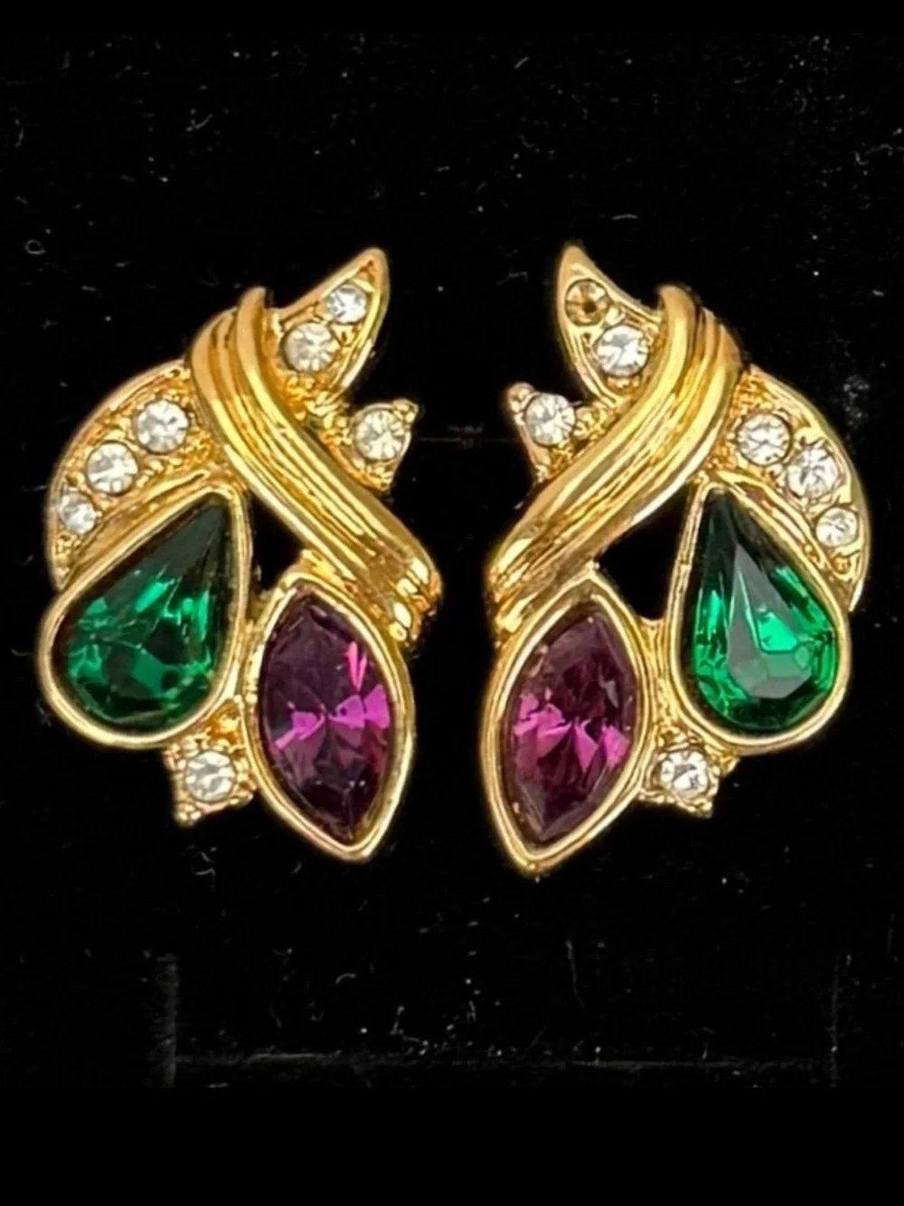 Vintage goldtone, festive green red and clear bling holiday pierced earrings